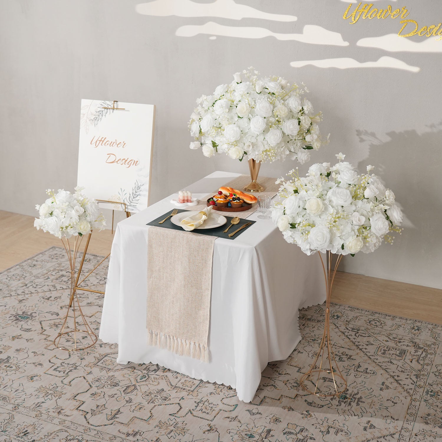 Uflower White Rose Baby's Breath Flower Ball For Table Centerpieces